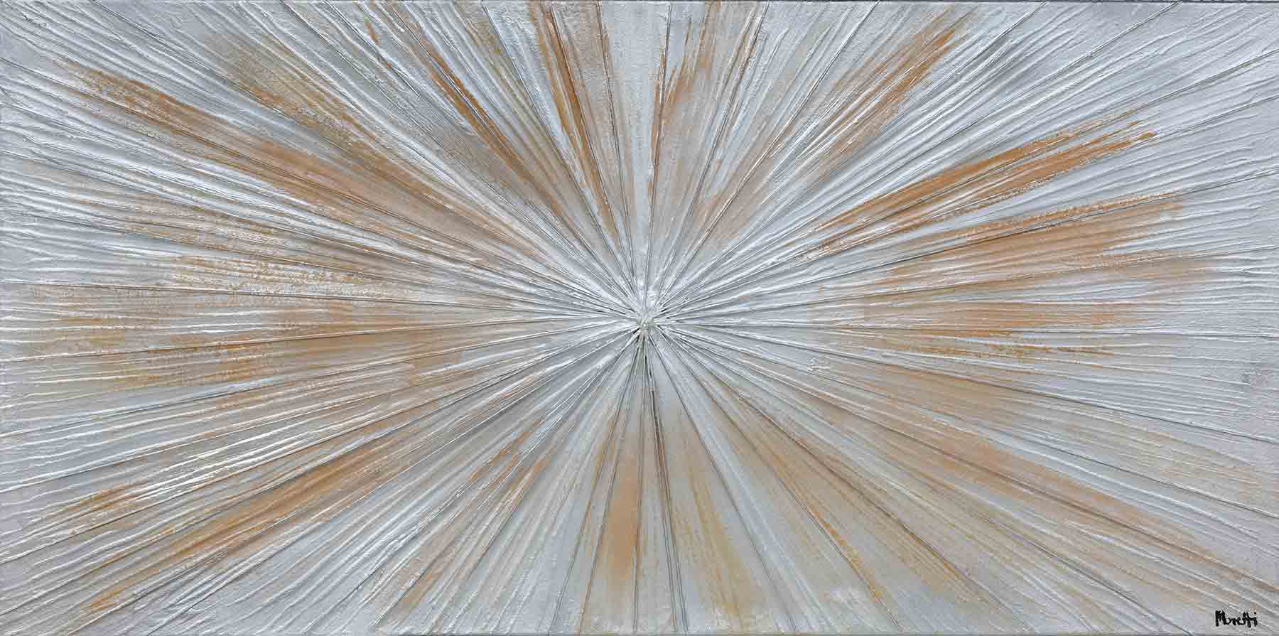 Metallbild mit Relief: Silberne Sonne: 160 x 80 cm
